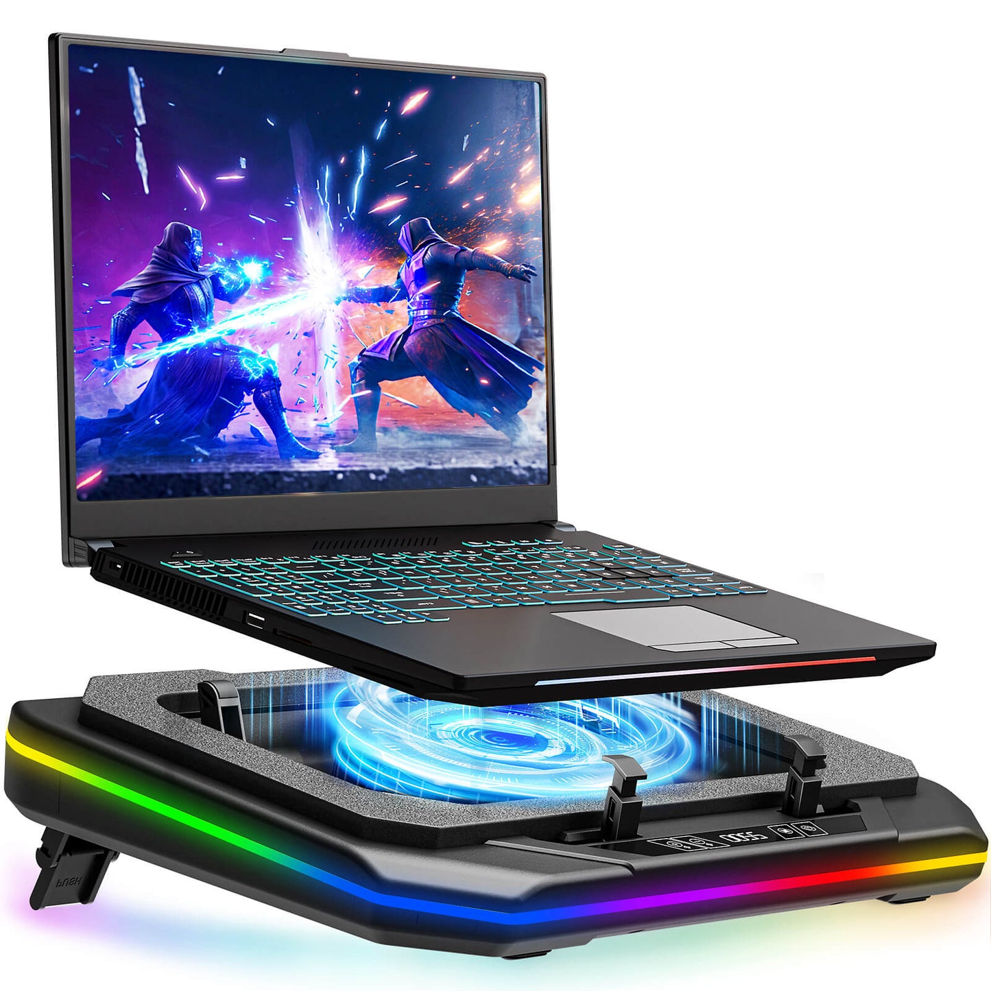 MOUNT PRO Gaming Laptop Cooling Pad, RGB Laptop Cooler Stand with Powerful Turbofan (3500 RPM), Height Adjustable Laptop Fan Cooling Pad for 13-19 Inches Notebook, with Sealed Foam, Touch Control