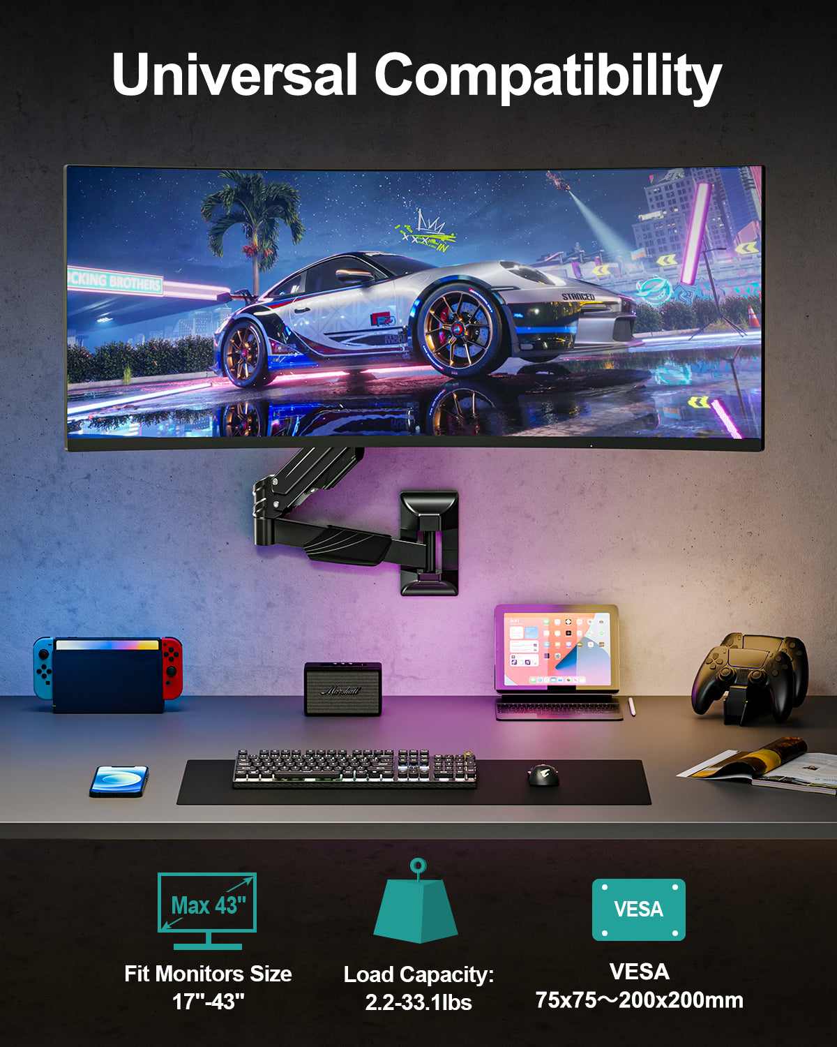 MOUNT PRO Monitor Wall Mount for 17-43" Ultrawide Screens, Single Wall Mount Monitor Arm Holds up to 33.1 lbs, Full Motion Adjustable Wall Bracket with VESA Extension Kit, Max VESA 200x200mm