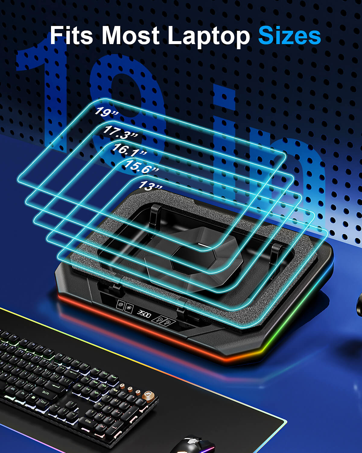 MOUNT PRO Gaming Laptop Cooling Pad, RGB Laptop Cooler Stand with Powerful Turbofan (3500 RPM), Height Adjustable Laptop Fan Cooling Pad for 13-19 Inches Notebook, with Sealed Foam, Touch Control