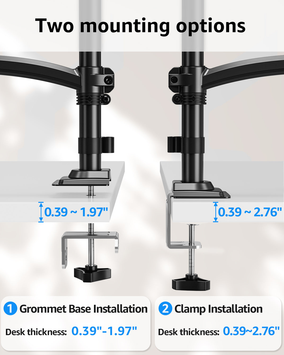 MOUNT PRO Dual Monitor Stand, Dual Monitor Mount Height up to 26.6 inch, Gas Spring Monitors Arm for 13-32 inch Computer, VESA Mount with C-clamp & Grommet Mounting, Holds Max 22 lbs Each