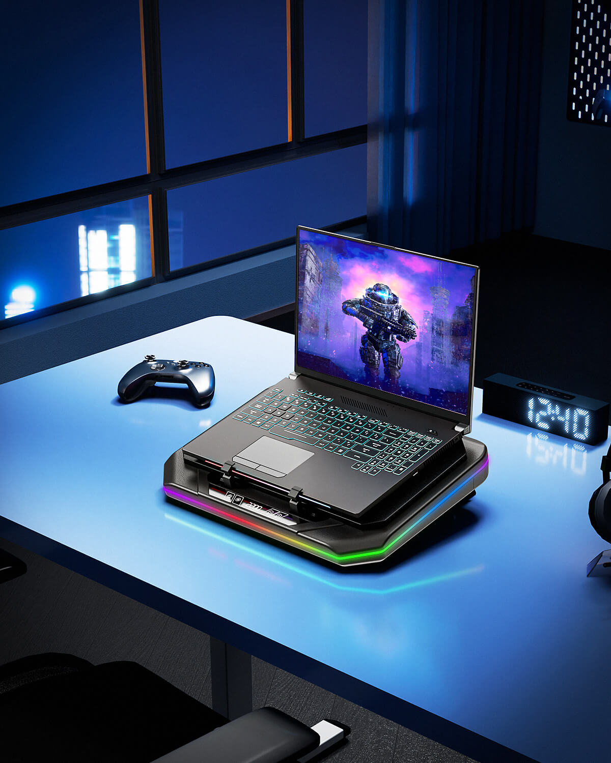 MOUNT PRO Gaming Laptop Cooling Pad, RGB Laptop Cooler Stand with Powerful Turbofan (3500 RPM), Height Adjustable Laptop Fan Cooling Pad for 13-19 Inches Notebook, with Sealed Foam, Touch Control