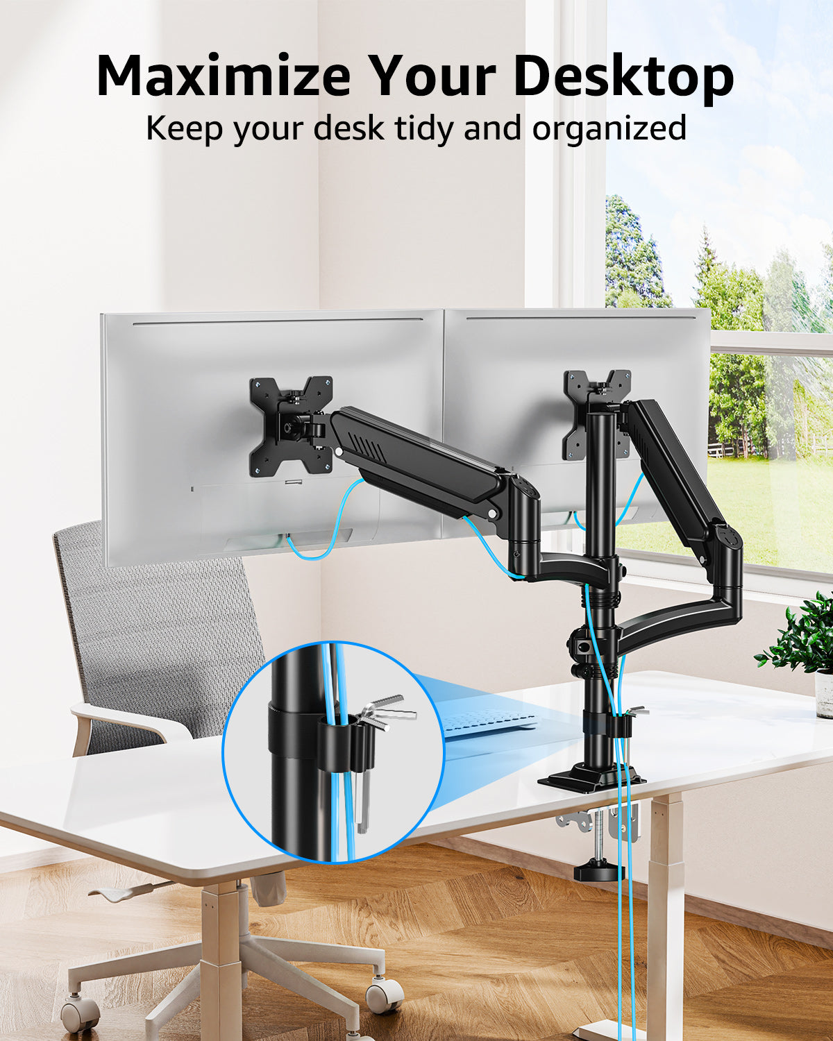 MOUNT PRO Dual Monitor Stand, Dual Monitor Mount Height up to 26.6 inch, Gas Spring Monitors Arm for 13-32 inch Computer, VESA Mount with C-clamp & Grommet Mounting, Holds Max 22 lbs Each