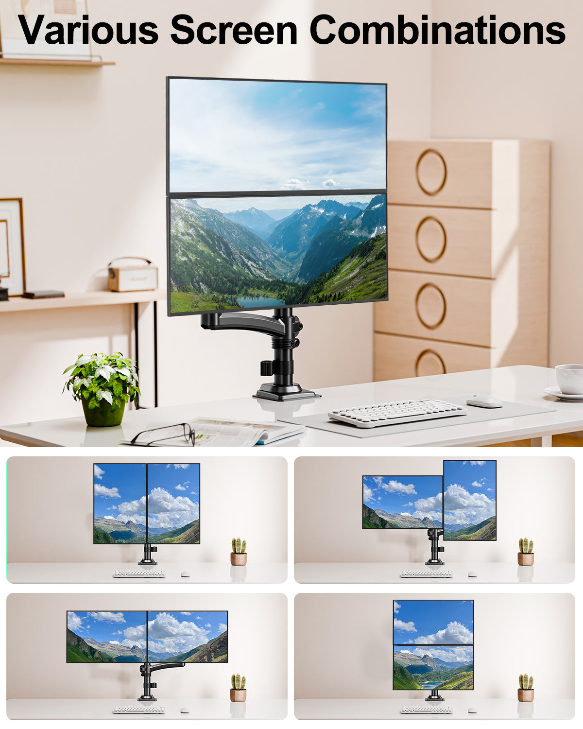Dual Monitor Stand for Desk, Taller Monitor Arms for 2 Screens up to 32 inch, Ergonomic Adjustable Gas Spring Double Computer Monitor Mount, Holds 4.4-22lbs, VESA 75/100mm, Black, Freelift