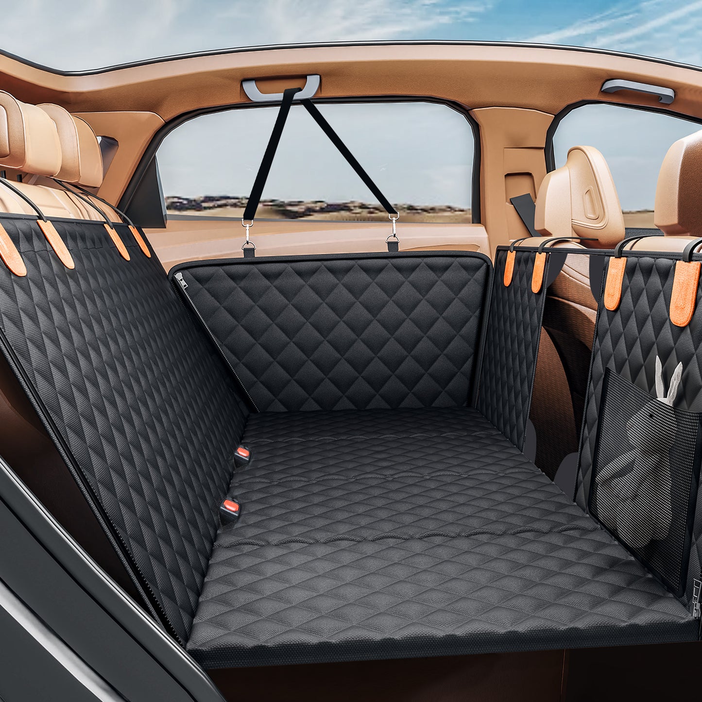 Back Seat Extender for Dogs, Hard Bottom Dog Car Seat Cover - Supports 400lbs, Rear Seat Pet Cover with Mesh Window, Waterproof Dog Hammock for Car SUV and Trucks