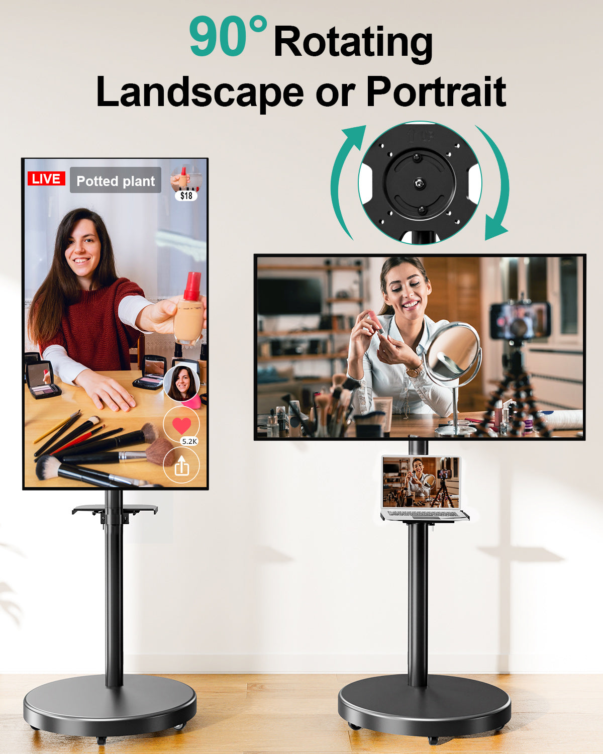 MOUNT PRO TV Rolling Stand - Floor TV Stand Mobile TV Cart for 32 to 60 inch Screens up to 77 lbs,  Rotating TV Stand for Outdoor Home Office Space, Height Adjustable & Metal Shelf, Max VESA 400x400