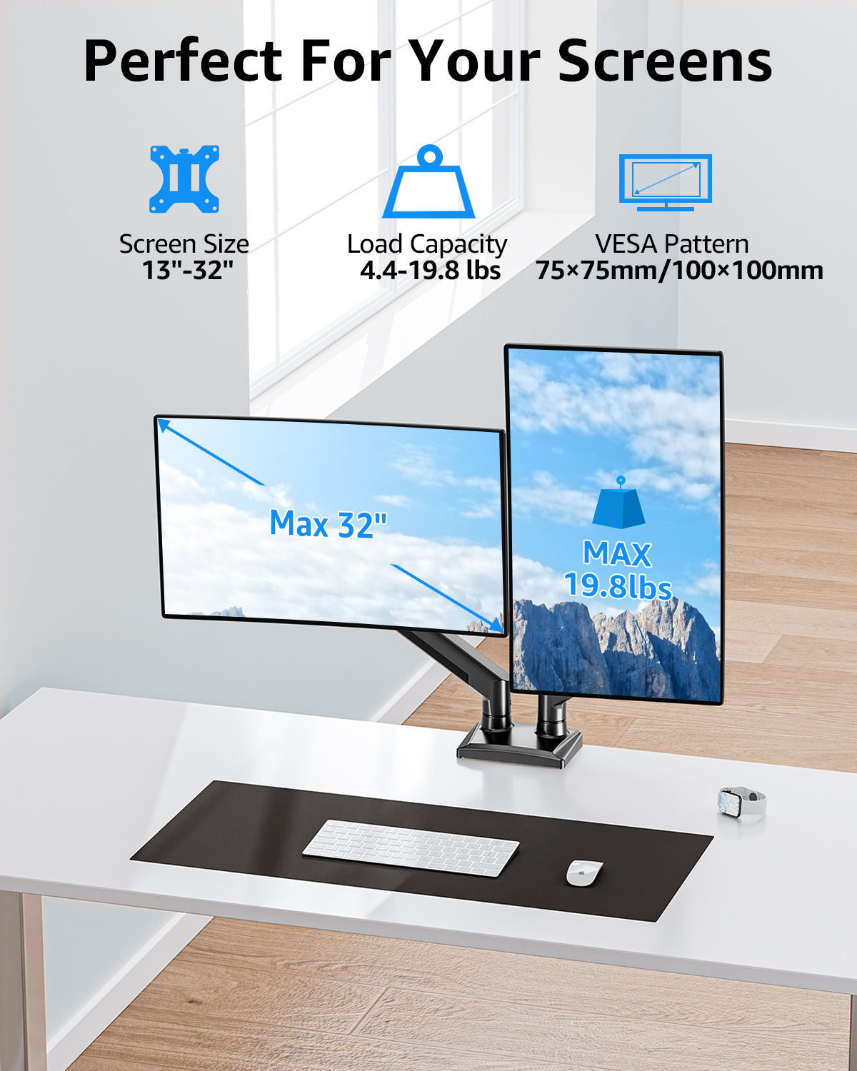 MOUNT PRO Dual Monitor Stand for 13- 32 inch, 4.4-19.8 lbs Screens, Dual Monitor Desk Mount Height Adjustable, Monitor Arms for 2 Monitors, Home Office VESA Mounts with Gas Spring