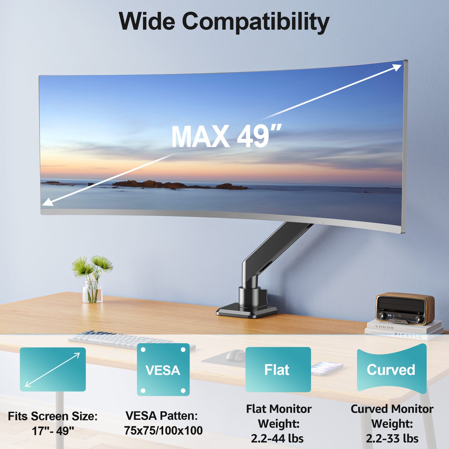 MOUNT PRO Heavy Duty Monitor Arm for 49 inch Ultrawide Screen up to 44 lbs, Single Desk Computer Mount Curved Monitor Stand for Samsung Odyssey G9, Adjustable Gas Spring VESA Mount 75x75 100x100