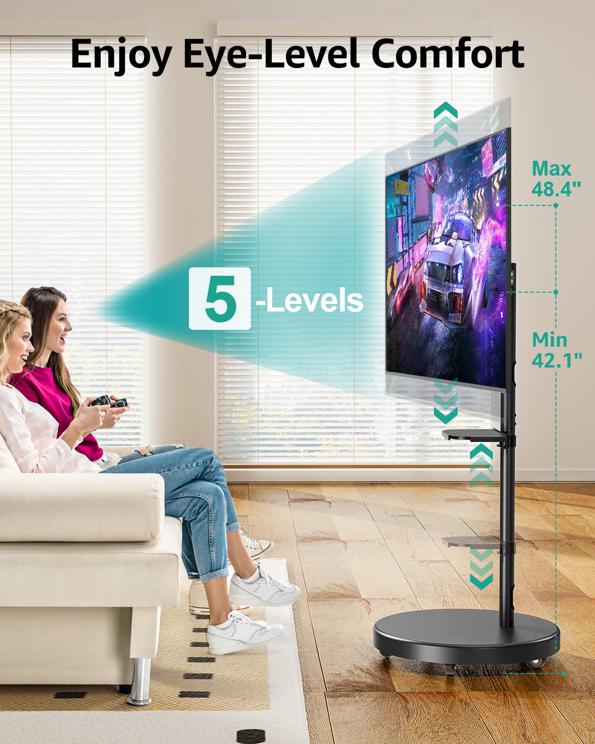 MOUNT PRO TV Rolling Stand - Floor TV Stand Mobile TV Cart for 32 to 60 inch Screens up to 77 lbs,  Rotating TV Stand for Outdoor Home Office Space, Height Adjustable & Metal Shelf, Max VESA 400x400