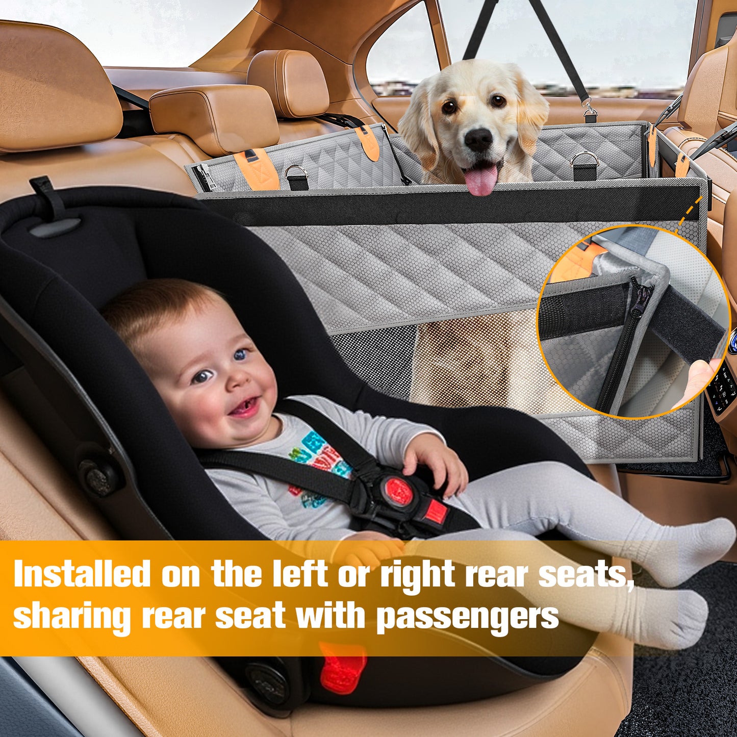 PETICON Large Dog Car Seat, Back Seat Extender for Dogs with 3 Mesh Windows, Waterproof Medium Carseat for Dogs with Hard Bottom, Pet Seat Cover for Cars, Trucks and SUVs (Gray)