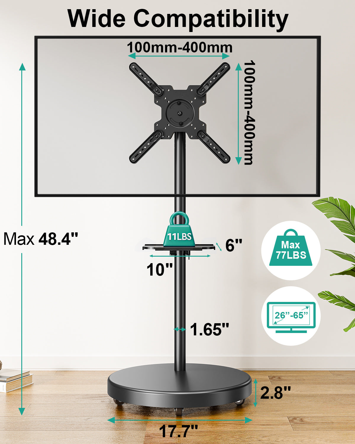 MOUNT PRO TV Rolling Stand - Floor TV Stand Mobile TV Cart for 32 to 60 inch Screens up to 77 lbs,  Rotating TV Stand for Outdoor Home Office Space, Height Adjustable & Metal Shelf, Max VESA 400x400