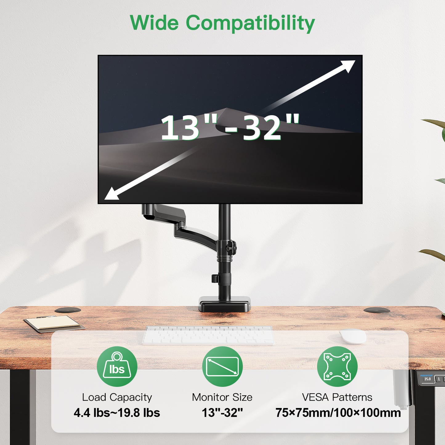 MOUNT PRO Single Long Monitor Arm, 13 to 32 inch Computer Monitor Desk Mount, Extra Long Adjustable Monitor Stand, Tall Monitor Mount with Tilt, Swivel, Rotation,  Hold up to 19.8lbs, VESA 75/100mm