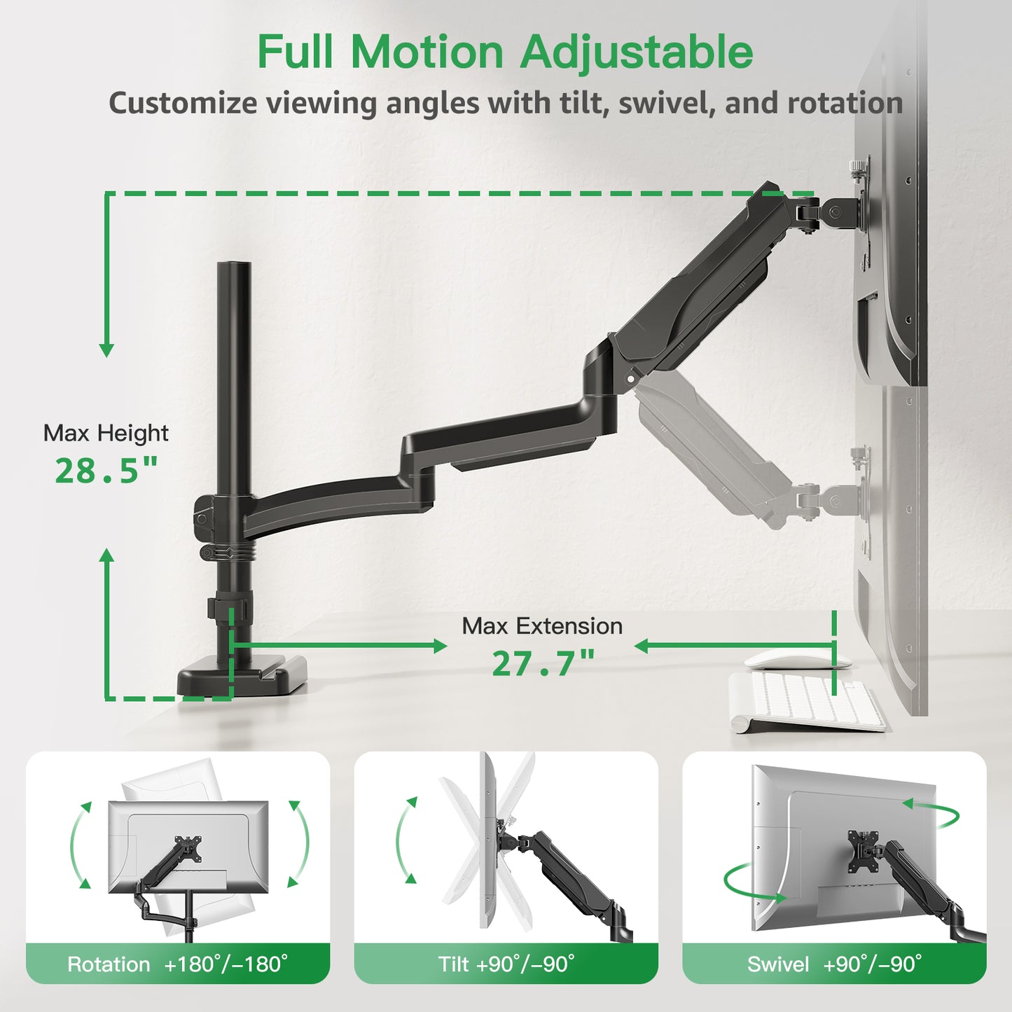 MOUNT PRO Single Long Monitor Arm, 13 to 32 inch Computer Monitor Desk Mount, Extra Long Adjustable Monitor Stand, Tall Monitor Mount with Tilt, Swivel, Rotation,  Hold up to 19.8lbs, VESA 75/100mm