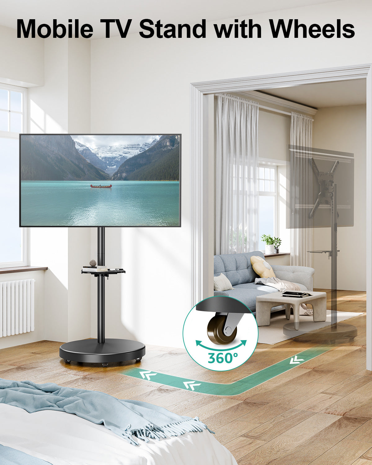 MOUNT PRO TV Rolling Stand - Floor TV Stand Mobile TV Cart for 32 to 60 inch Screens up to 77 lbs,  Rotating TV Stand for Outdoor Home Office Space, Height Adjustable & Metal Shelf, Max VESA 400x400