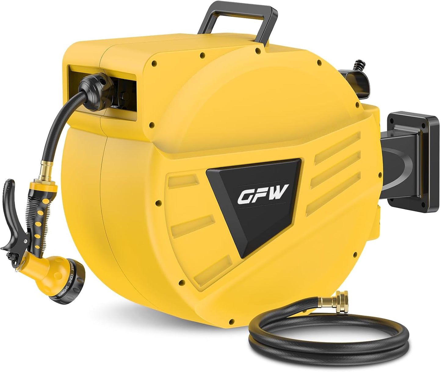 GOFORWILD Retractable Garden Hose Reel, 1/2 Inch x 90 ft Wall Mounted Water Hose Reel with L-shaped and Straight Hose Nozzles, 180°Swivel Bracket, Slow Rewind System, Any Length Lock