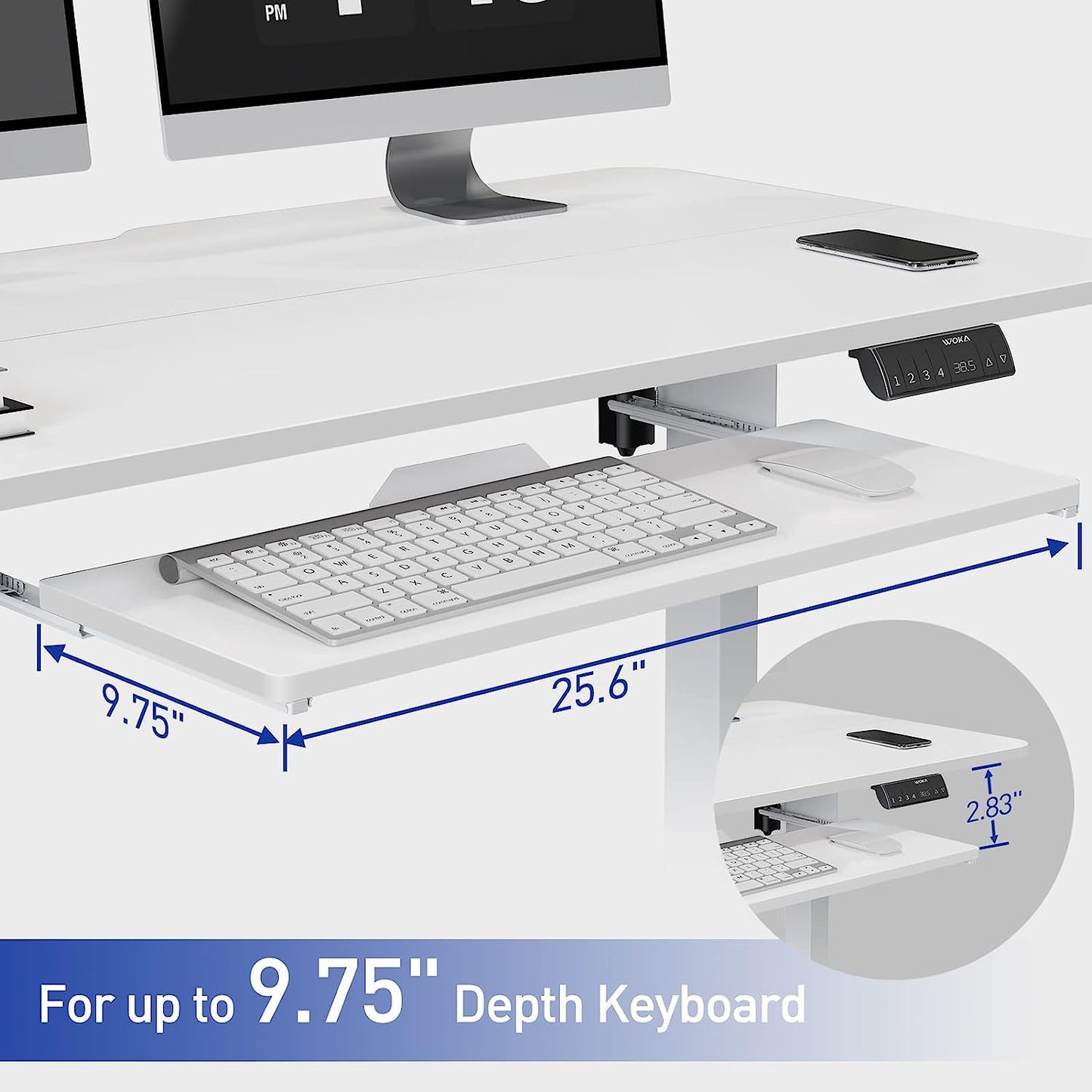 WOKA Electric Standing Desk Adjustable Height, 48 x 24 Inches Stand up Desk with Keyboard Tray, Sit Stand Desk with Memory Controller for Home Office, Motorized Desk with Splice Board, White