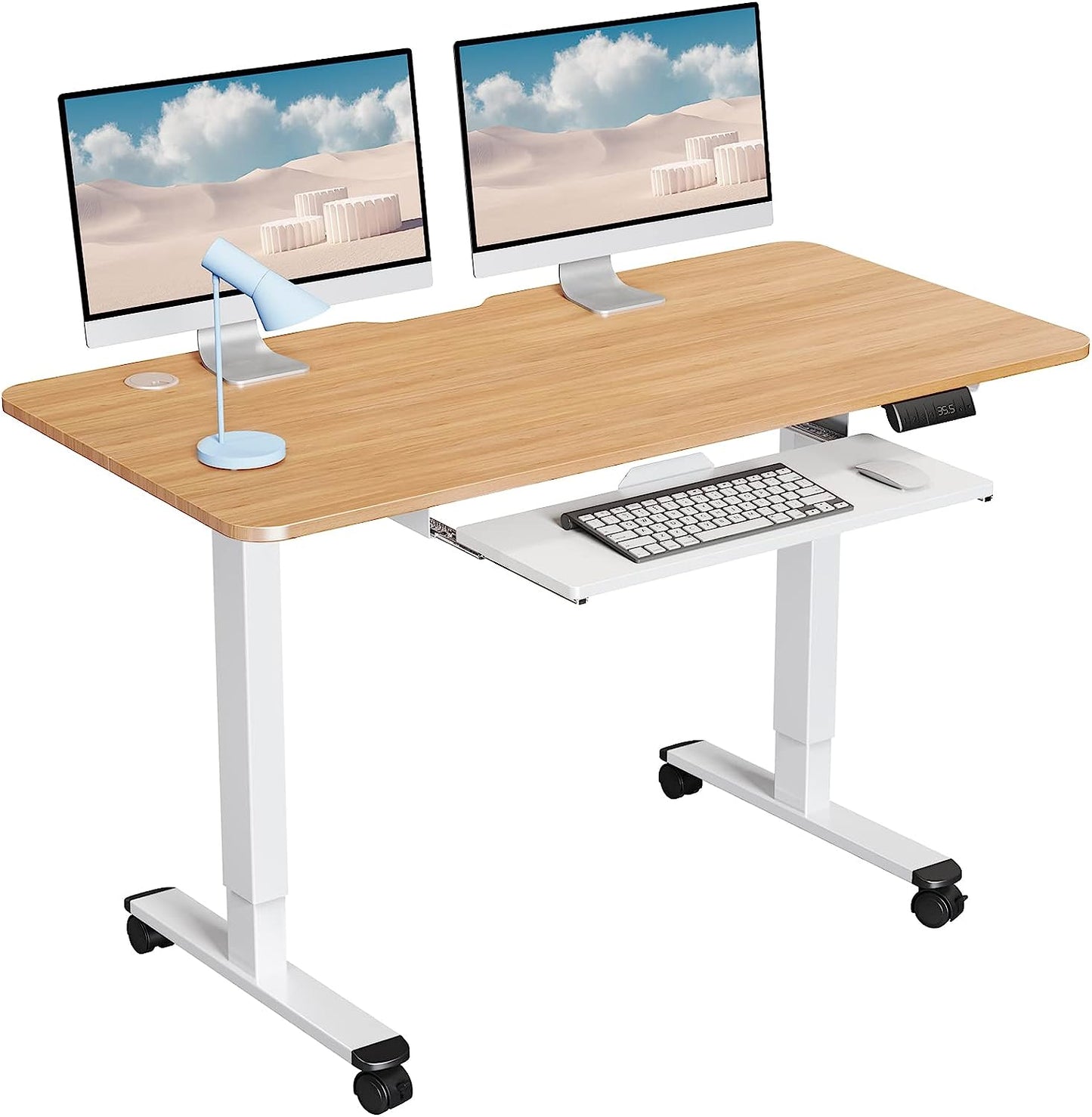 WOKA Electric Standing Desk Adjustable Height, 48 x 24 Inches Stand up Desk with Keyboard Tray, Sit Stand Desk with Memory Controller for Home Office, Motorized Desk with Splice Board, Oak