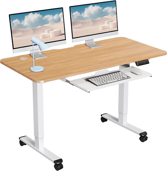 WOKA Electric Standing Desk Adjustable Height, 48 x 24 Inches Stand up Desk with Keyboard Tray, Sit Stand Desk with Memory Controller for Home Office, Motorized Desk with Splice Board, Oak
