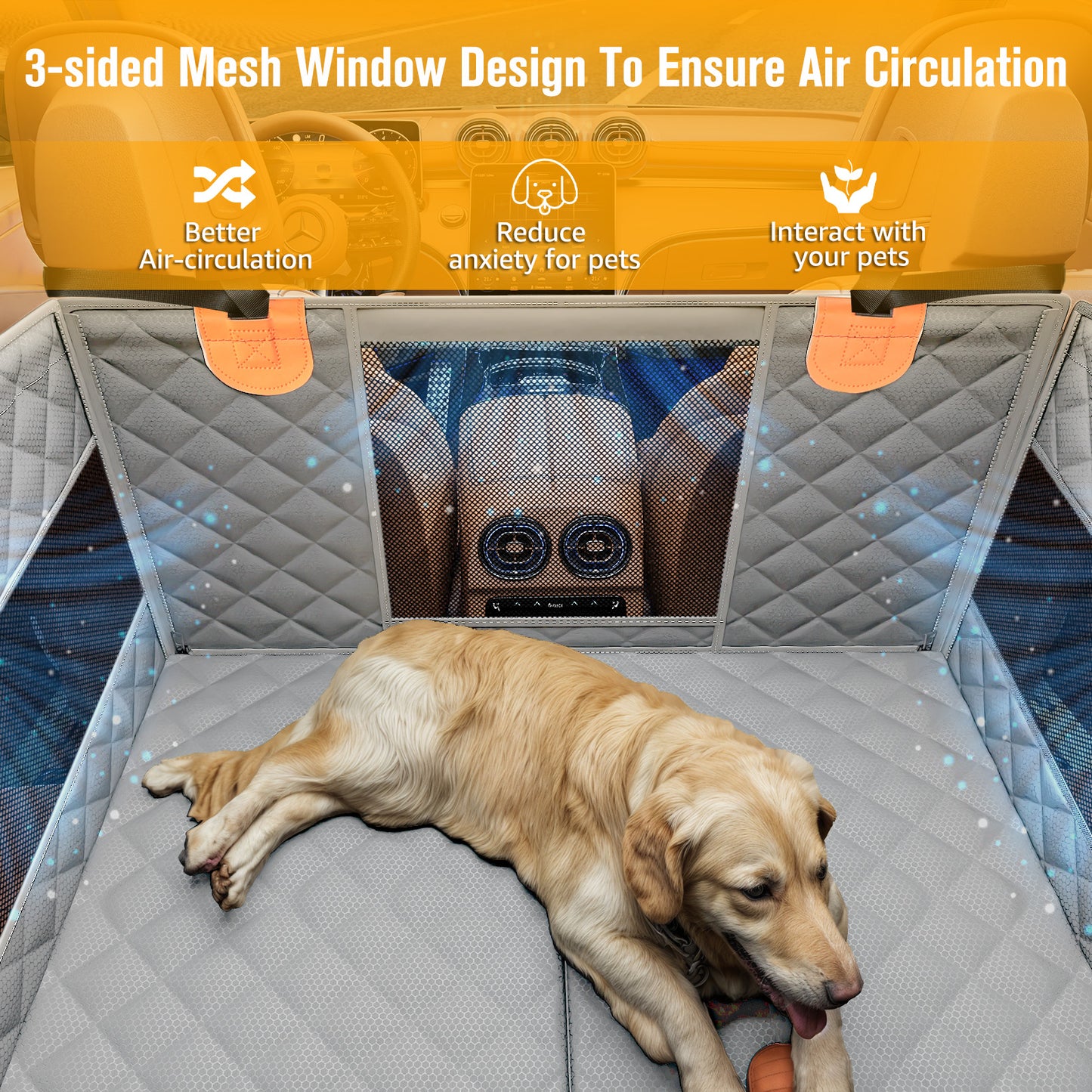 PETICON Large Dog Car Seat, Back Seat Extender for Dogs with 3 Mesh Windows, Waterproof Medium Carseat for Dogs with Hard Bottom, Pet Seat Cover for Cars, Trucks and SUVs (Gray)