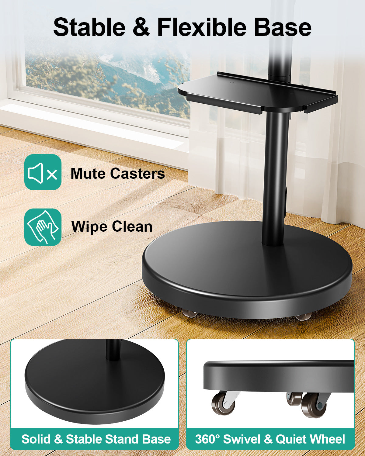 MOUNT PRO TV Rolling Stand - Floor TV Stand Mobile TV Cart for 32 to 60 inch Screens up to 77 lbs,  Rotating TV Stand for Outdoor Home Office Space, Height Adjustable & Metal Shelf, Max VESA 400x400