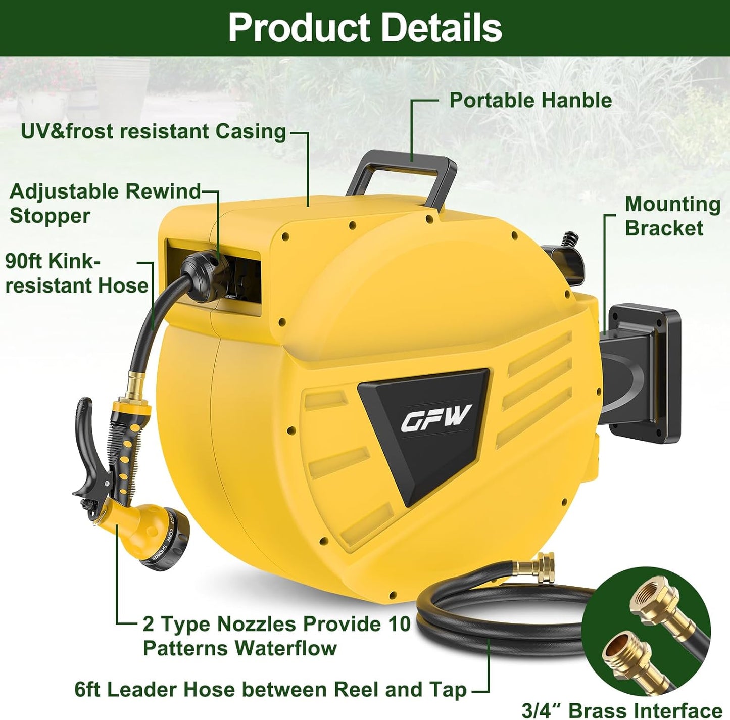 GOFORWILD Retractable Garden Hose Reel, 1/2 Inch x 90 ft Wall Mounted Water Hose Reel with L-shaped and Straight Hose Nozzles, 180°Swivel Bracket, Slow Rewind System, Any Length Lock