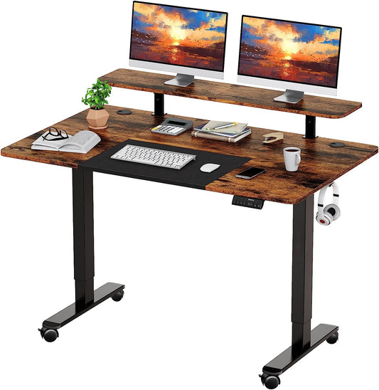 WOKA 55 x 28 Inch Electric Standing Desk with Wheels, Height Adjustable Stand up Desk with a Monitor Stand Riser, Standing Computer Desk with Memory Controllers, Adjustable Desks for Home Office