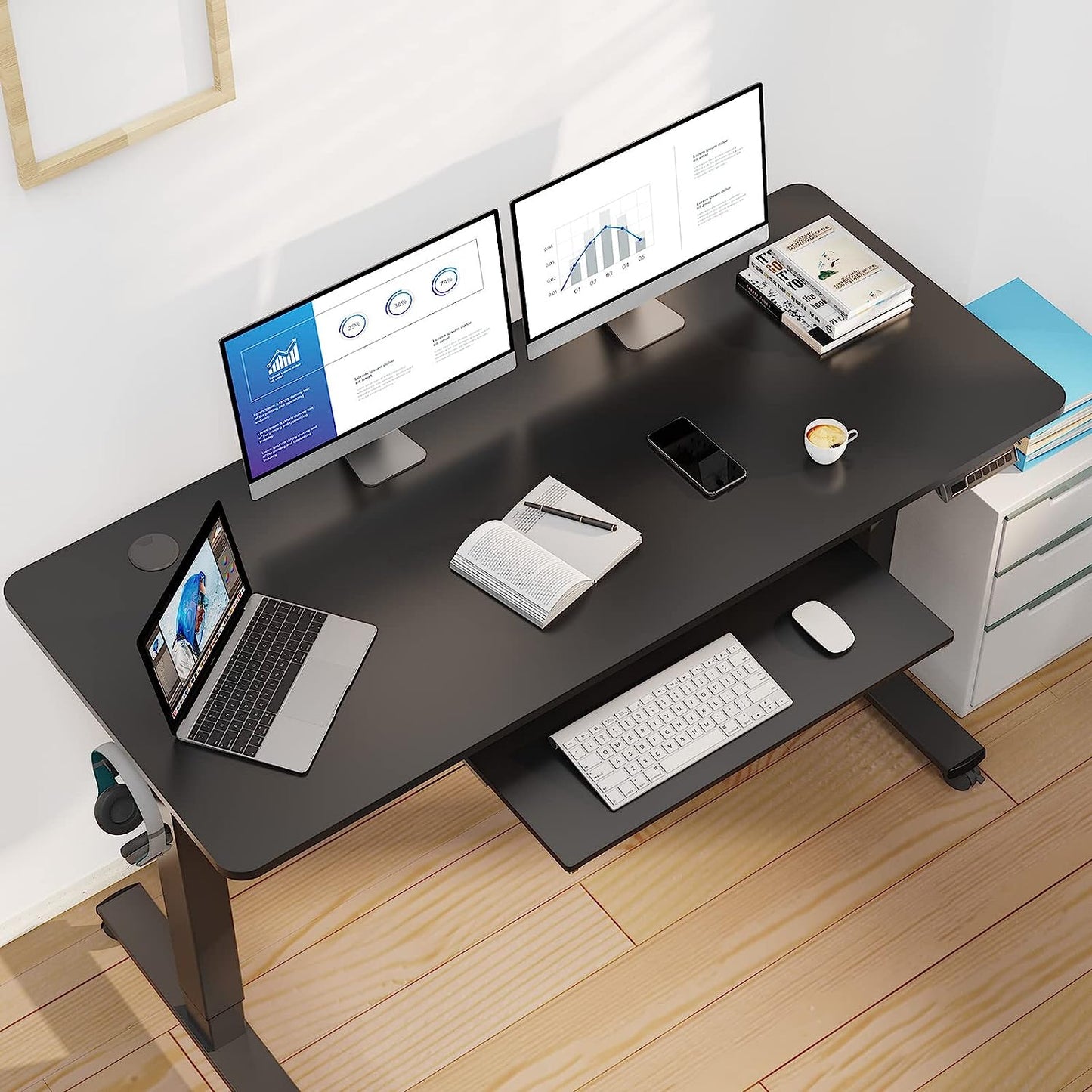 WOKA Electric Standing Desk with Keyboard Tray, 55" x 24" Stand Up Desk, Height Adjustable Sit Stand Desk with Memory Controller for Home Office, Motorized Desk with Splice Board, Black
