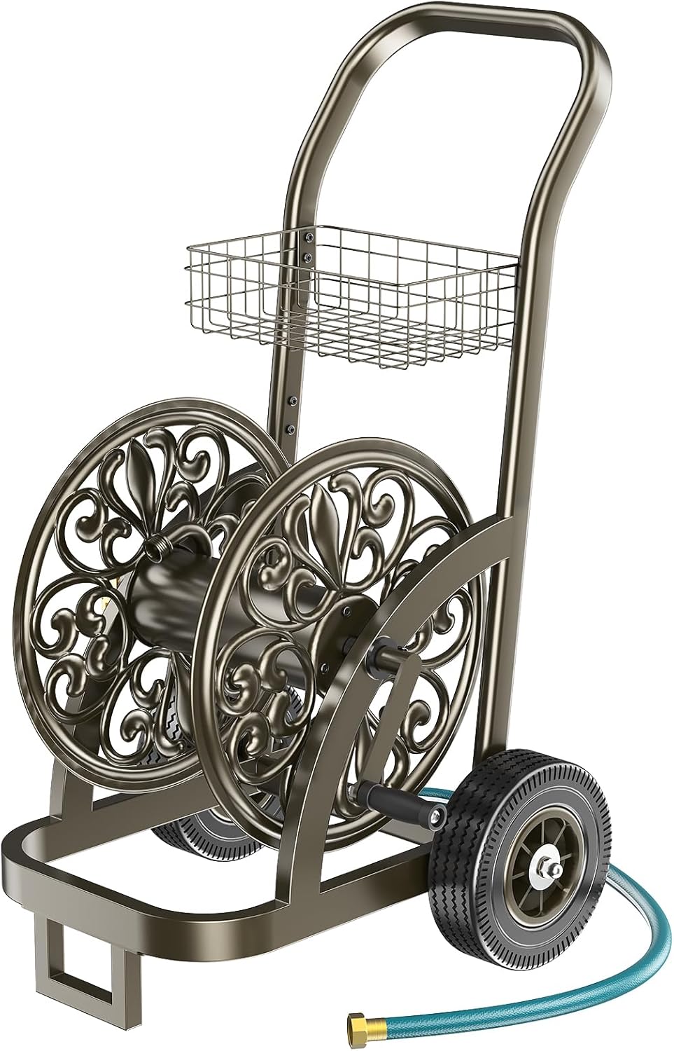 GOFORWILD Garden Hose Reel Cart with Wheel, Hold up to 200 Ft of 5/8" Hose, Heavy Duty Steel Frame Water Hose Reel Cart with Storage Basket, Mobile Hose Reel Cart for Outside Garden Lawn Yard G07211