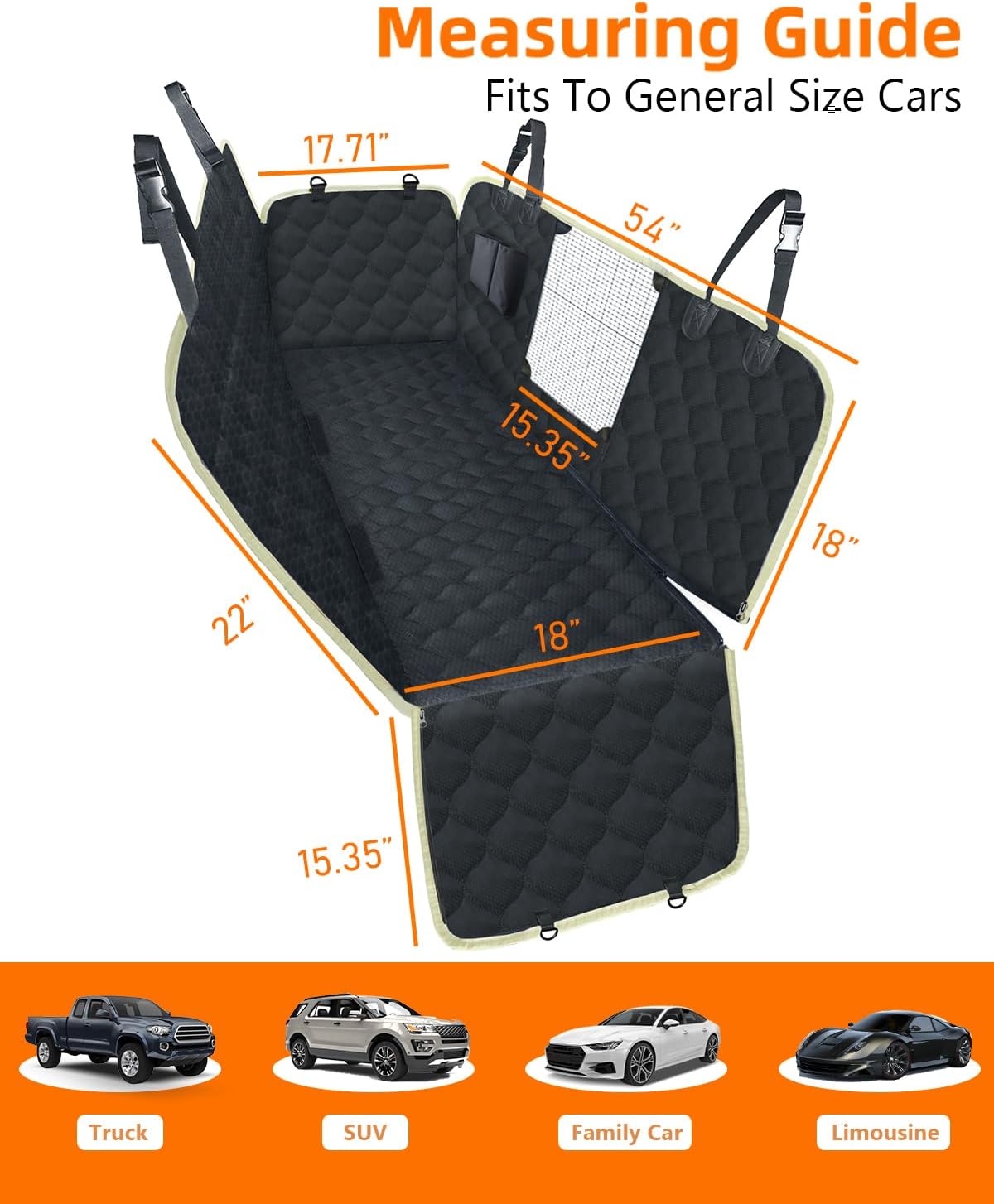 PETICON Dog Car Seat Cover for Back Seat, Waterproof Dog Seat Cover for Cars with Mesh Window, Scratchproof Back Seat Cover for Dogs, Nonslip Dog Hammock for Cars, Trucks, SUVs, Black and Beige