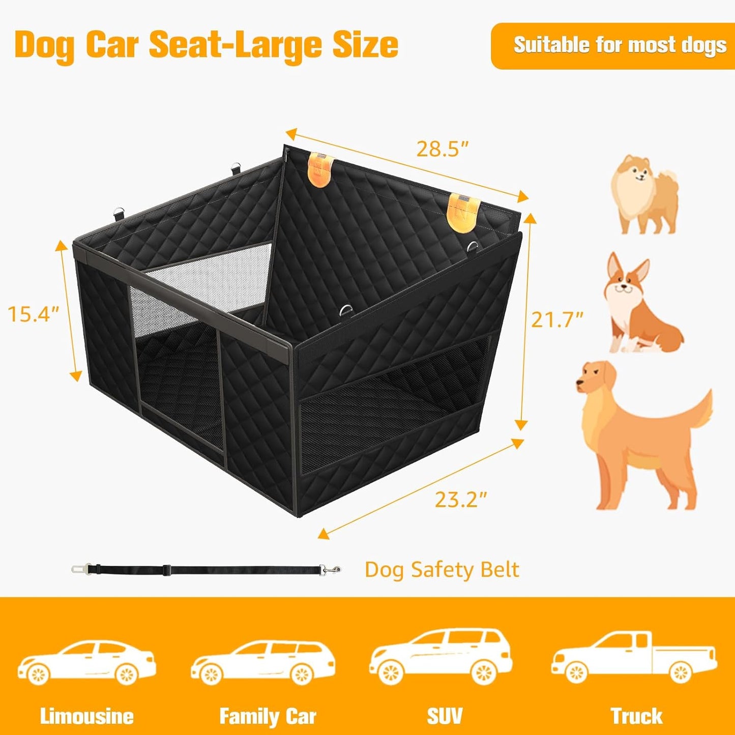 PETICON Dog Booster Car Seat, Waterproof Back Seat Extender for Dogs with 3 Mesh Windows, Dog Car Seat Cover with Hard Bottom, Pet Seat Cover for Cars, Trucks and SUVs