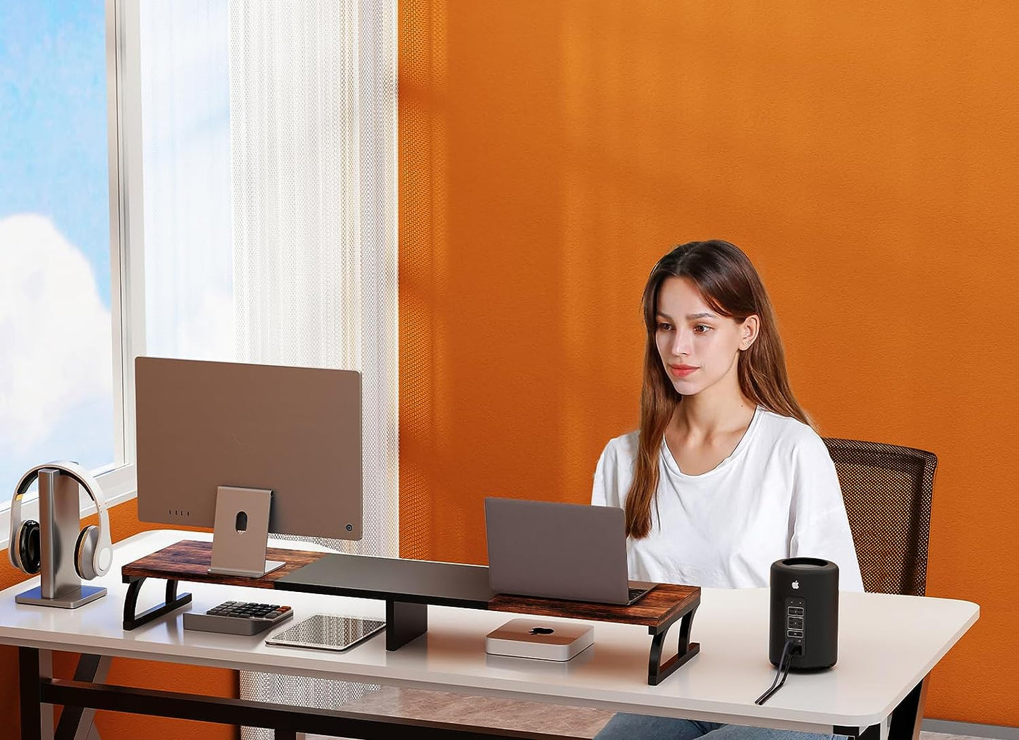 Zimilar Dual Monitor Stand Riser, Large Monitor Stand for Desk, Wood Monitor Riser with Storage for Home Office, Monitor Stands for 2 Monitors, Desktop Organizer Stand for Computer,Laptop,Printer