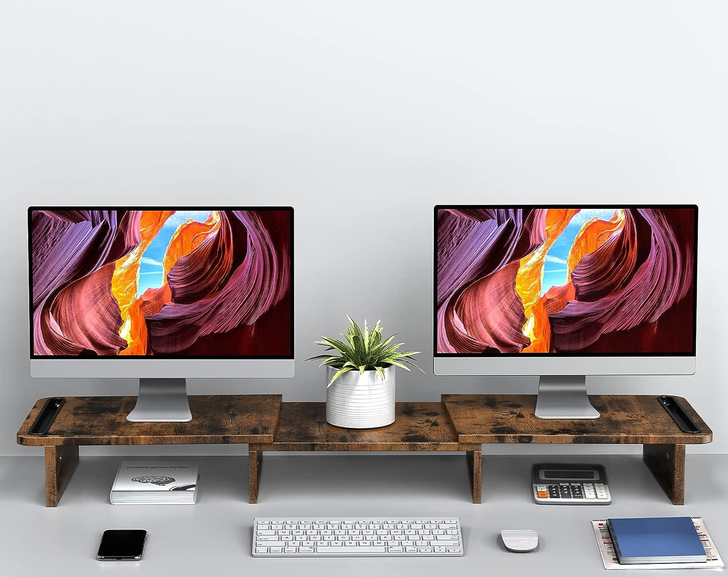 Zimilar Dual Monitor Stand Riser, Monitor Stand with Adjustable Length and Angle, Wood Monitor Stand for Desk, Monitor Riser for 2 Monitors with Storage Space (Rust Brown Large)
