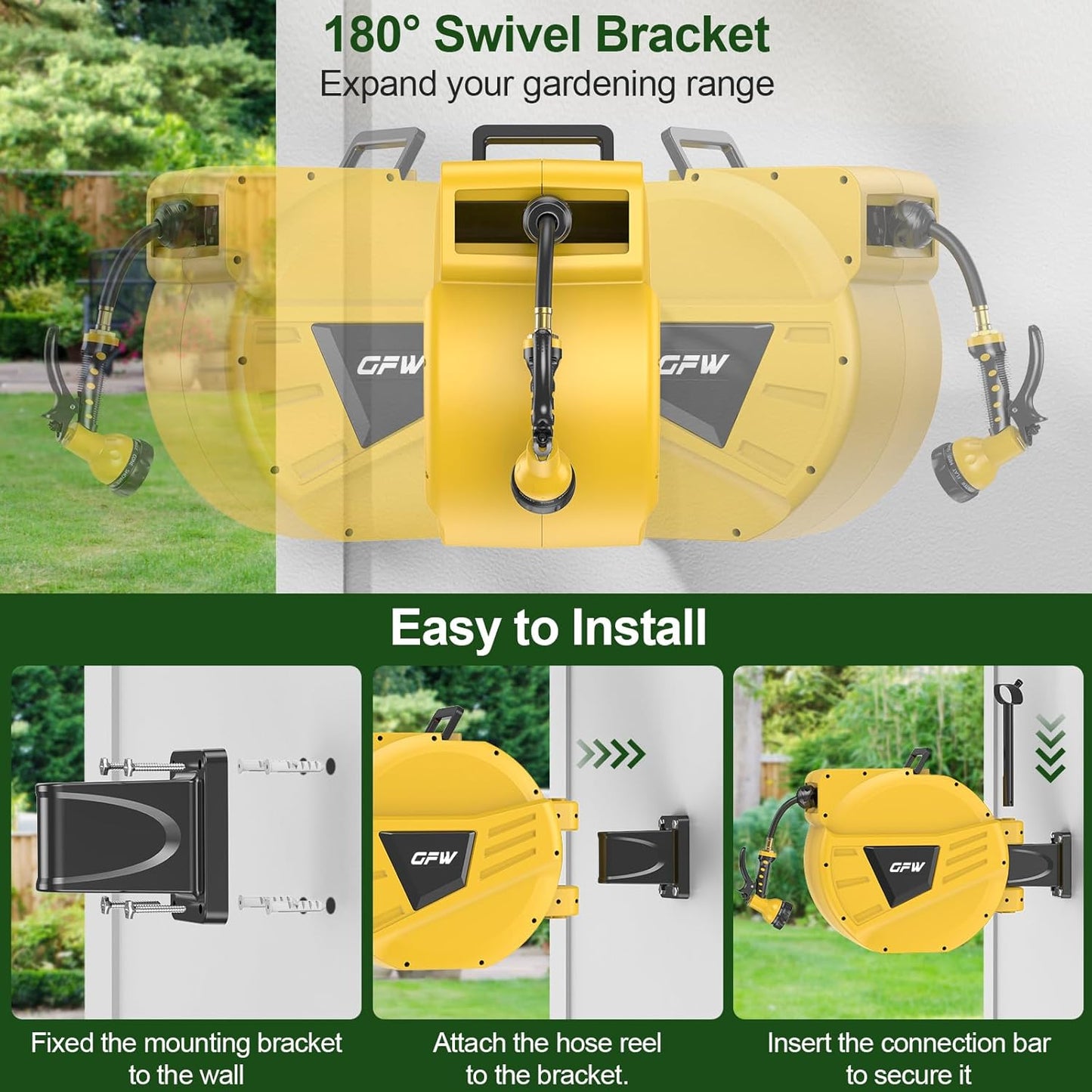 GOFORWILD Retractable Garden Hose Reel, 1/2 Inch x 90 ft Wall Mounted Water Hose Reel with L-shaped and Straight Hose Nozzles, 180°Swivel Bracket, Slow Rewind System, Any Length Lock