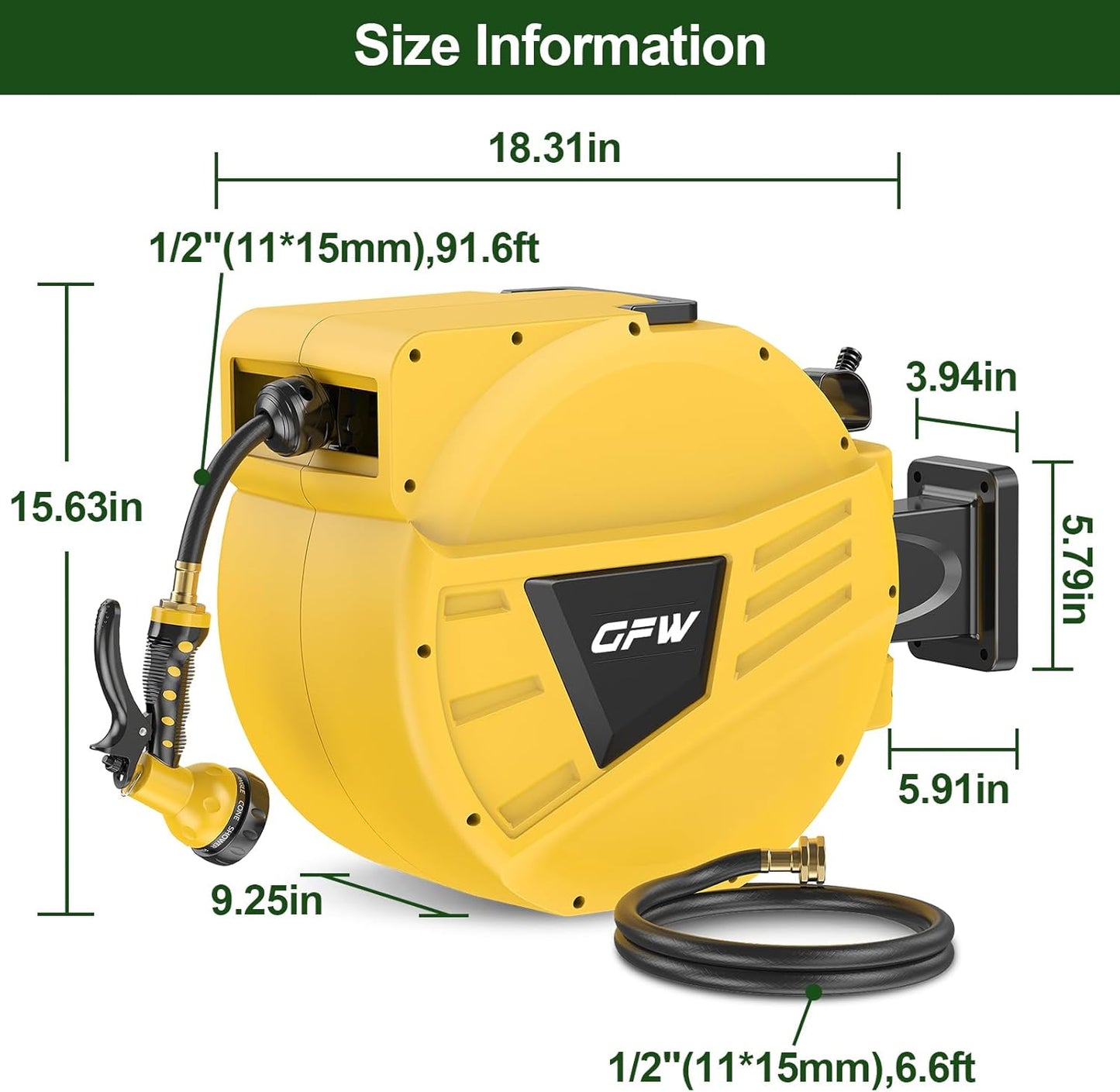 GOFORWILD Retractable Garden Hose Reel, 1/2 Inch x 90 ft Wall Mounted Water Hose Reel with L-shaped and Straight Hose Nozzles, 180°Swivel Bracket, Slow Rewind System, Any Length Lock