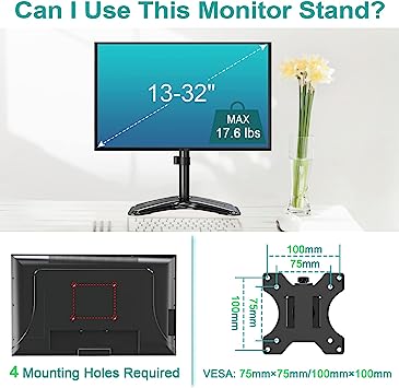MOUNT PRO Single Monitor Stands Fits 13-32 inch/17.6 lbs Screen, Free Standing Computer Monitor Mount, Monitor Desk Stand with Adjustable Height/Tilt/Swivel/Rotation, VESA Monitor Stand 75x75 100x100
