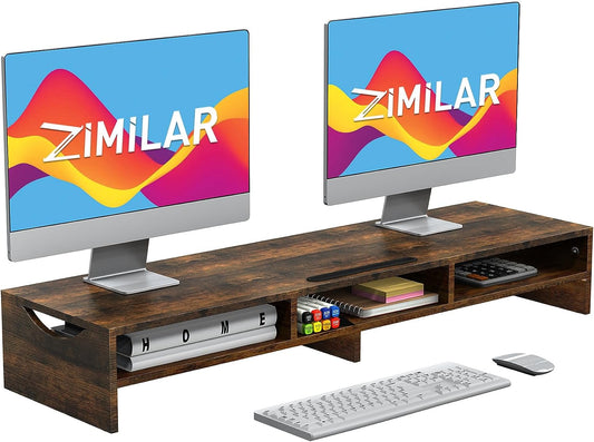 Zimilar Large Dual Monitor Stand Riser, 2 Tiers Monitor Stand with Cellphone Holder, Wood Monitor Riser with Storage for Computer,Laptop, Monitor Stand Riser for 2 Monitors, Shelf Organizer for Desk