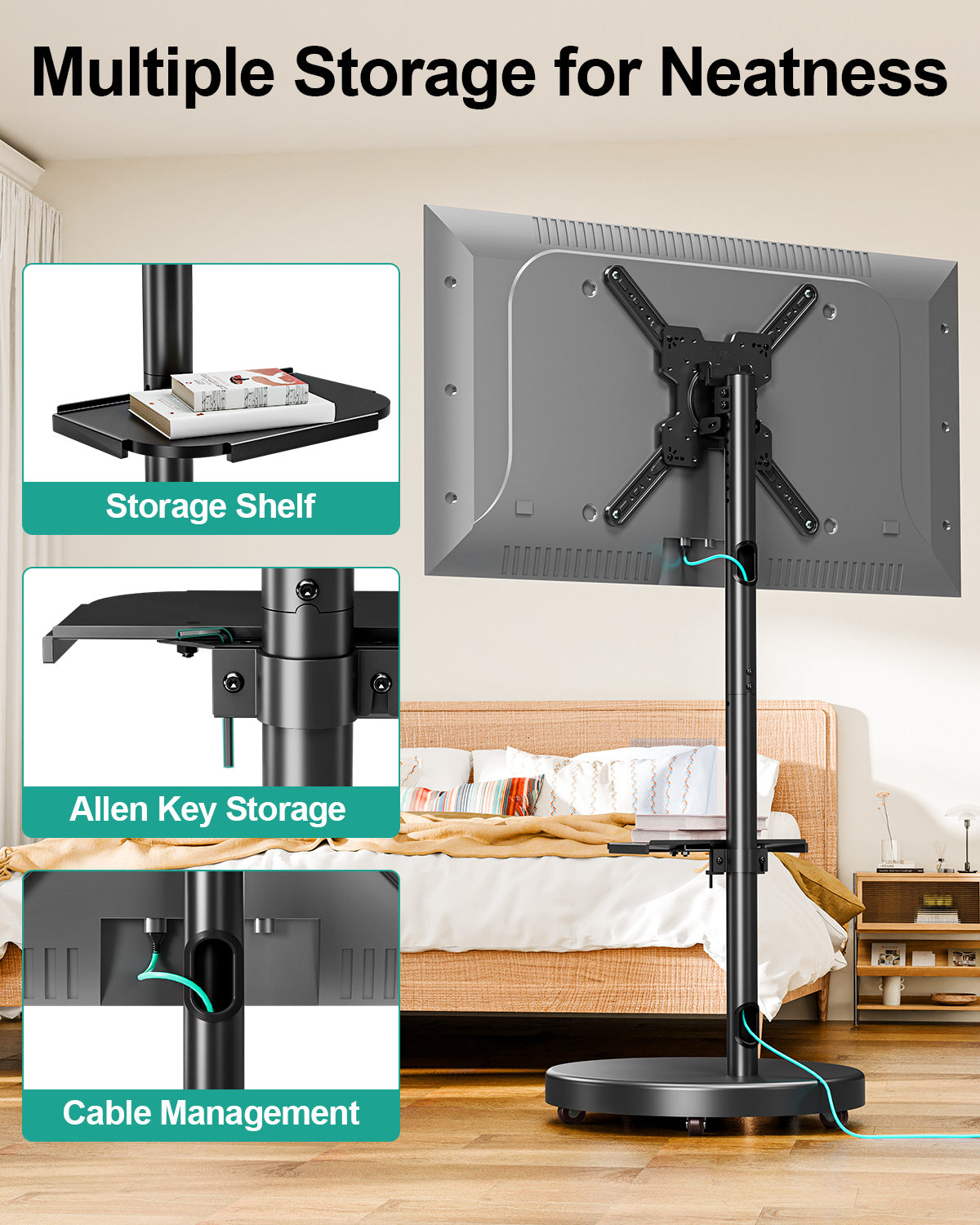 MOUNT PRO TV Rolling Stand - Floor TV Stand Mobile TV Cart for 32 to 60 inch Screens up to 77 lbs,  Rotating TV Stand for Outdoor Home Office Space, Height Adjustable & Metal Shelf, Max VESA 400x400