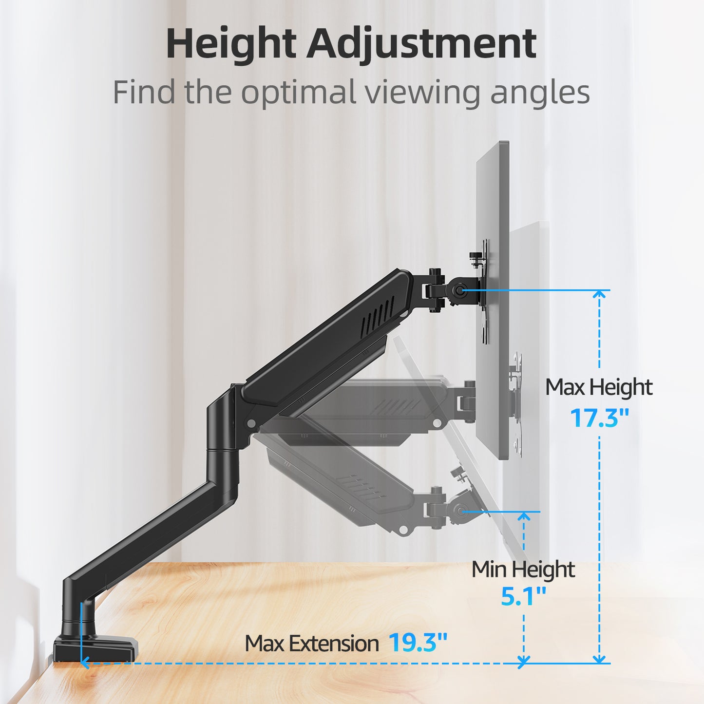 MOUNT PRO Monitor Arm for 13-32 inch Screens, Monitor Desk Mount, Adjustable Height, VESA Mount with Clamp & Grommet Bases, Holds to 19.8 lbs