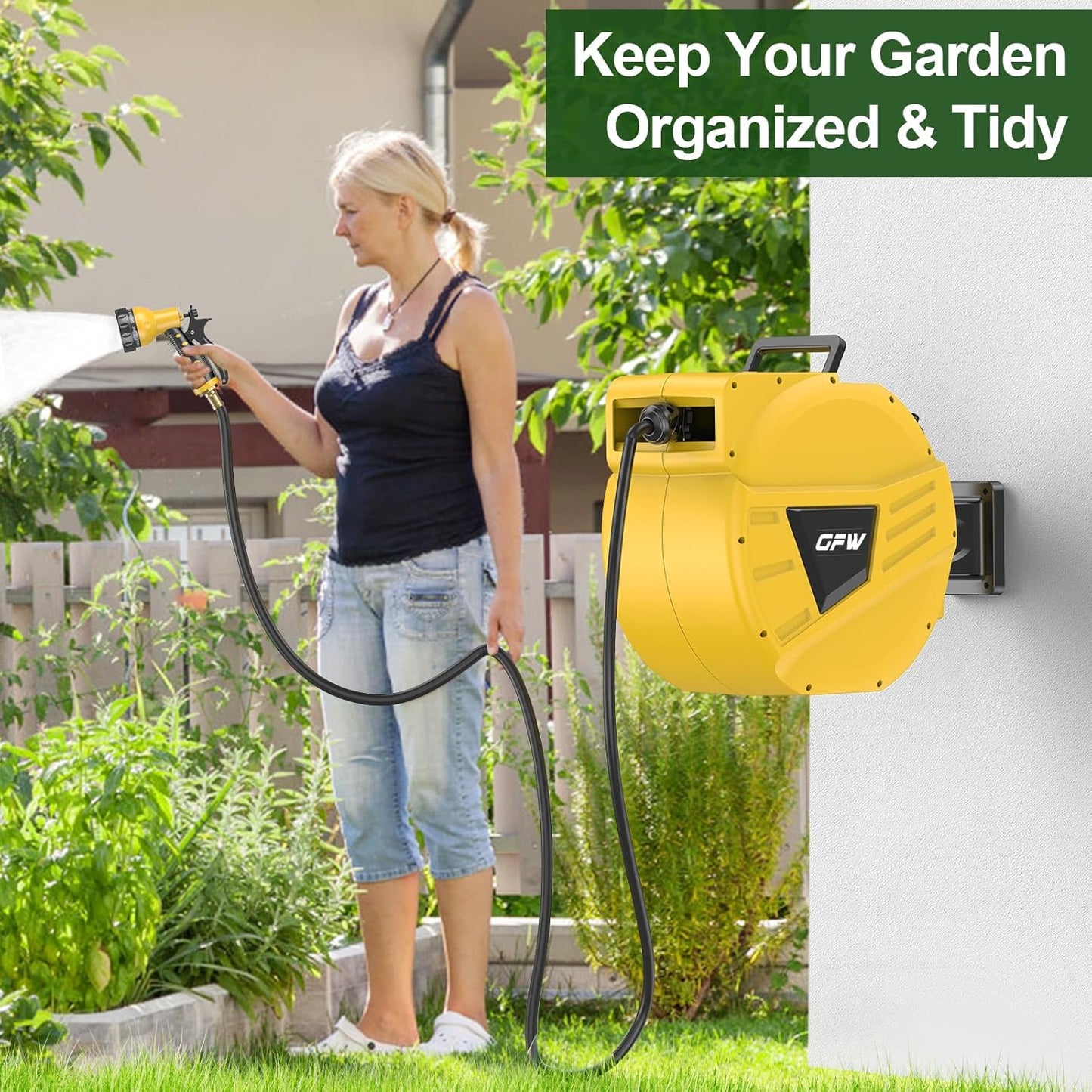 GOFORWILD Retractable Garden Hose Reel, 1/2 Inch x 90 ft Wall Mounted Water Hose Reel with L-shaped and Straight Hose Nozzles, 180°Swivel Bracket, Slow Rewind System, Any Length Lock