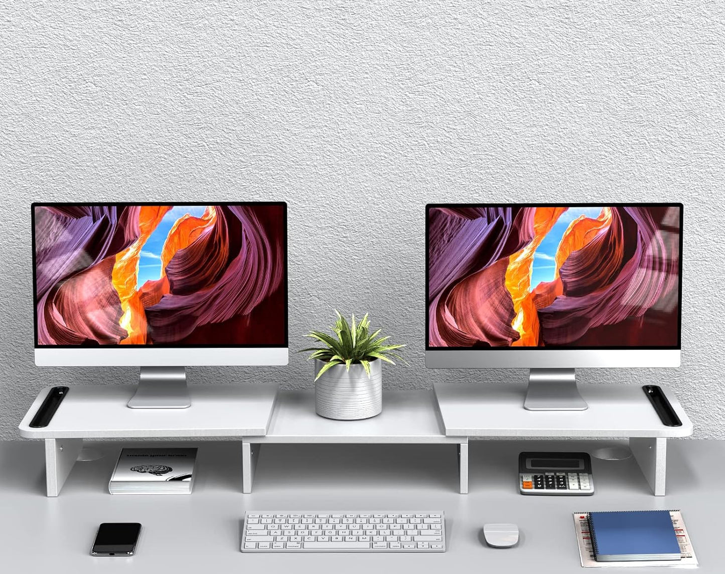 Zimilar Dual Monitor Stand Riser, Monitor Stand with Adjustable Length and Angle, Wood Monitor Stand for Desk, Monitor Riser for 2 Monitors with Storage Space(White Large)