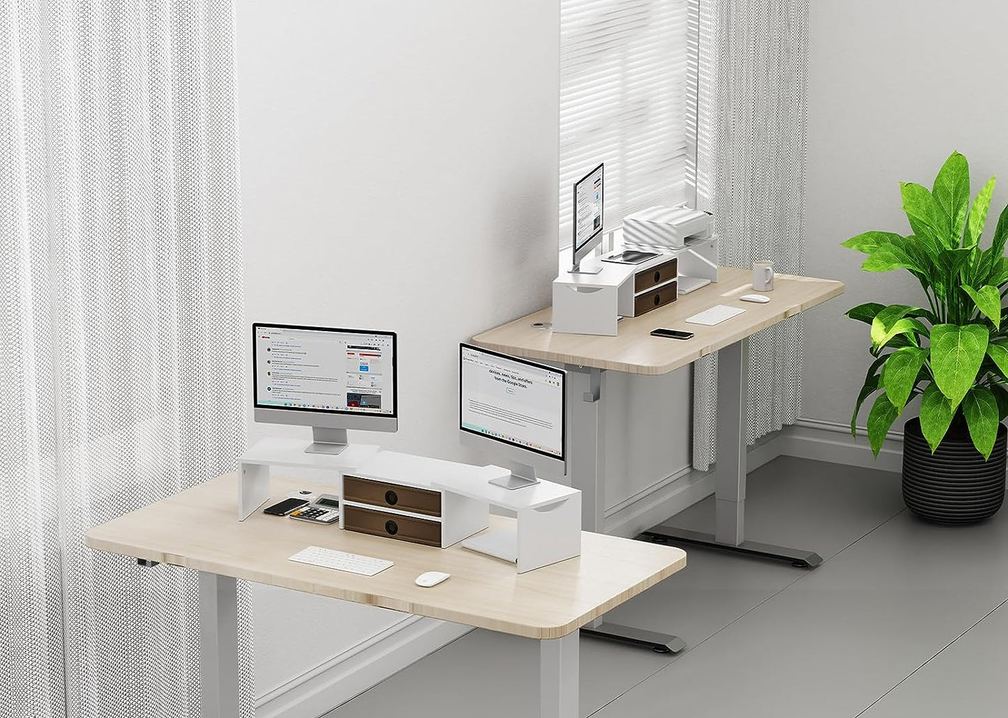 Zimilar Dual Monitor Stand Riser with 2 Drawers, Wood Monitor Riser for 2 Monitors, Length and Angle Adjustable Monitor Stand with Storage, Desktop Organizer Stand for Computer,Laptop,Printer