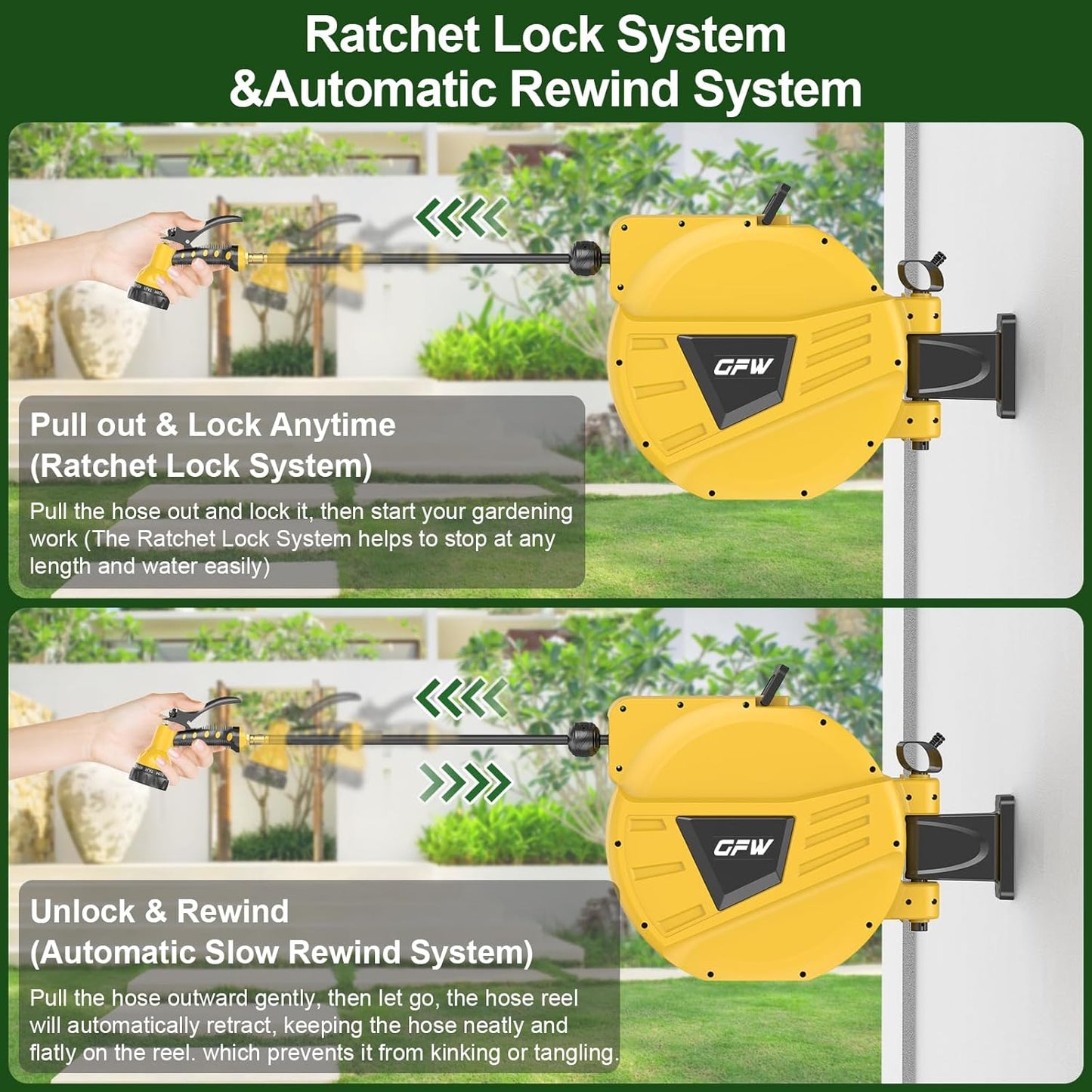 GOFORWILD Retractable Garden Hose Reel, 1/2 Inch x 90 ft Wall Mounted Water Hose Reel with L-shaped and Straight Hose Nozzles, 180°Swivel Bracket, Slow Rewind System, Any Length Lock