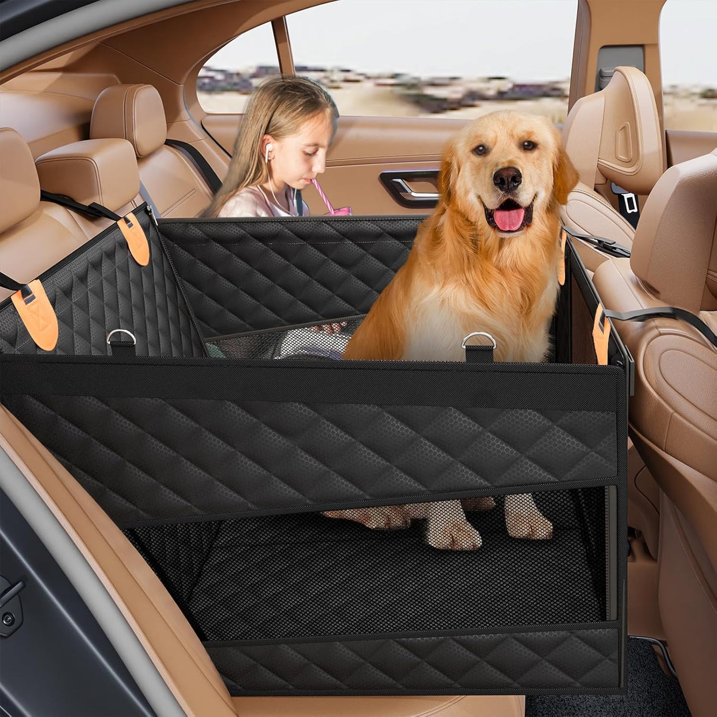 PETICON Dog Booster Car Seat, Waterproof Back Seat Extender for Dogs with 3 Mesh Windows, Dog Car Seat Cover with Hard Bottom, Pet Seat Cover for Cars, Trucks and SUVs