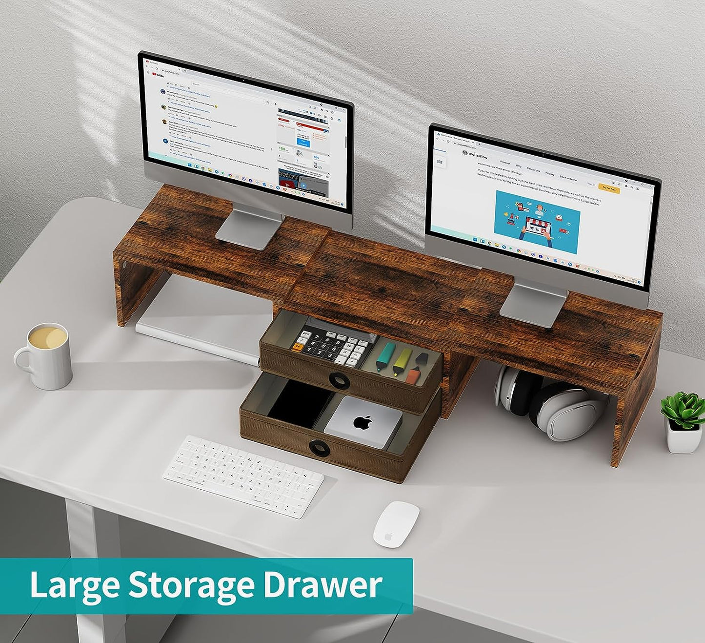 Zimilar Dual Monitor Stand Riser with 2 Drawers, Wood Monitor Riser for 2 Monitors, Length and Angle Adjustable Monitor Stand with Storage, Desktop Organizer Stand for Computer,Laptop,Printer