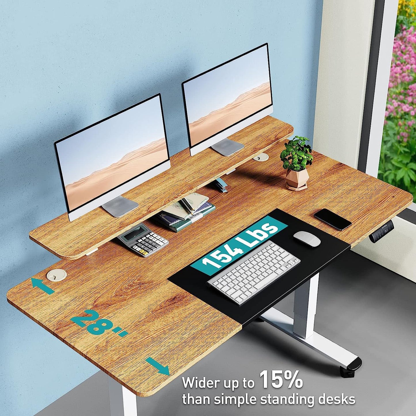 WOKA 55 x 28 Inch Electric Standing Desk with Wheels, Height Adjustable Stand up Desk with a Monitor Stand Riser, Standing Computer Desk with Memory Controllers, Adjustable Desks for Home Office