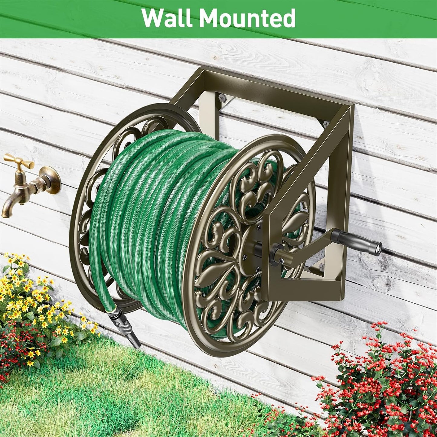 GOFORWILD Garden Wall/Floor Mount Hose Reel, Decorative Hose Reel, Holds 200-Feet of 5/8-Inch Hose G07212