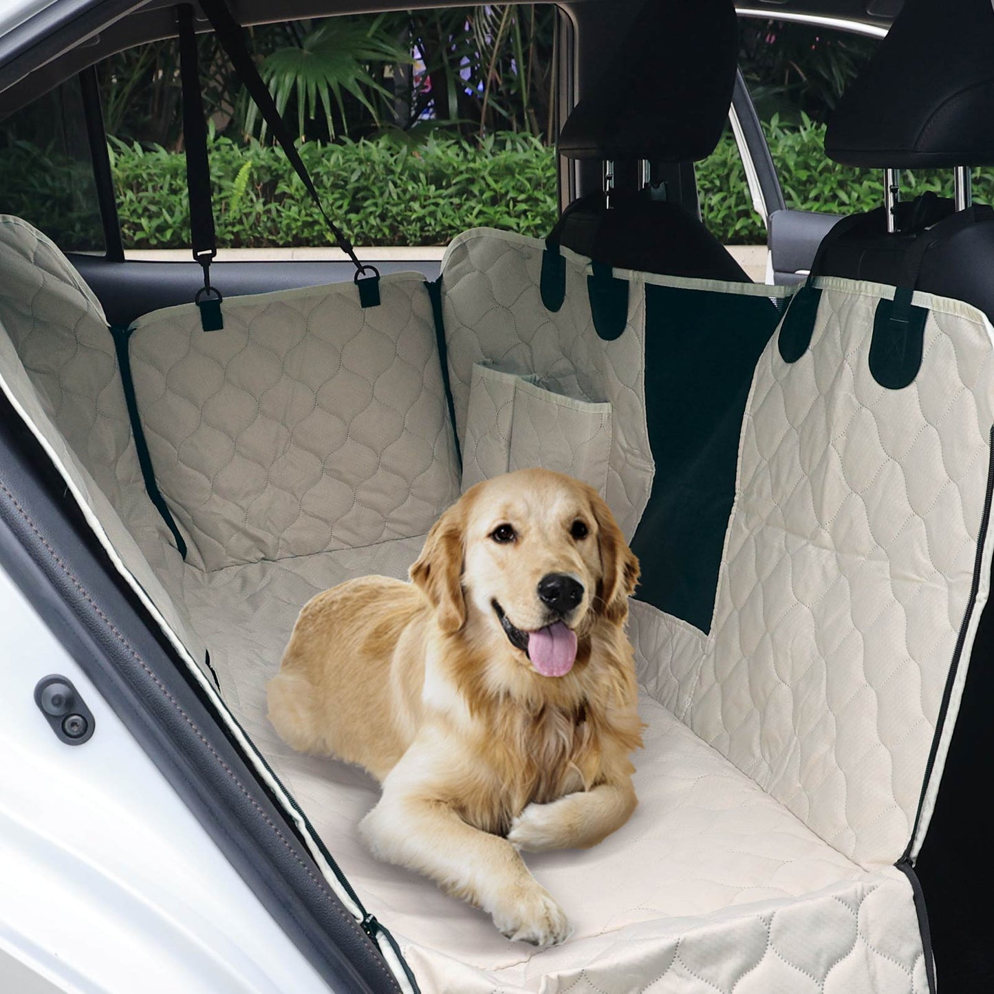 PETICON Dog Car Seat Cover with Mesh Window, 100% Waterproof Pet Seat Cover for Back Seat, Scratchproof Dog Hammock for Cars, Trucks, SUVs, Jeeps, Beige