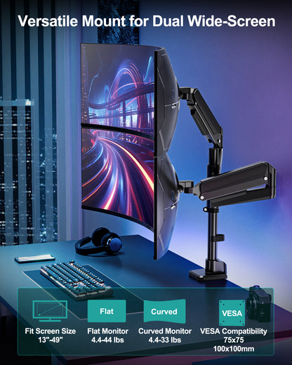 MOUNT PRO Dual Monitor Arm for Max 49" Ultrawide Screens up to 44 lbs, Heavy Duty Extra Tall Monitor Desk Mount, Vertical Stacked Adjustable Dual Monitor Mount, VESA Mount 75x75mm/100x100mm
