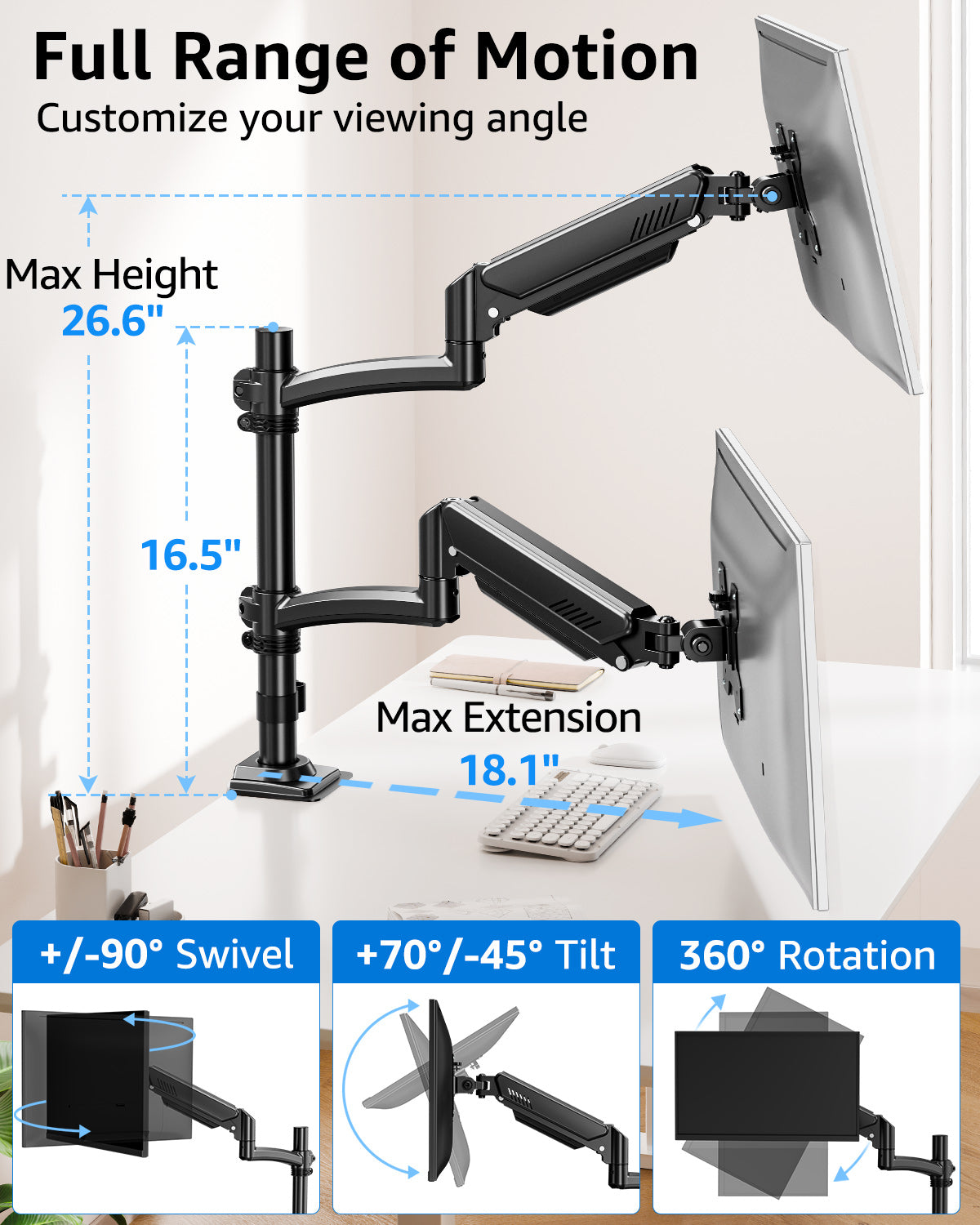 MOUNT PRO Dual Monitor Stand, Dual Monitor Mount Height up to 26.6 inch, Gas Spring Monitors Arm for 13-32 inch Computer, VESA Mount with C-clamp & Grommet Mounting, Holds Max 22 lbs Each