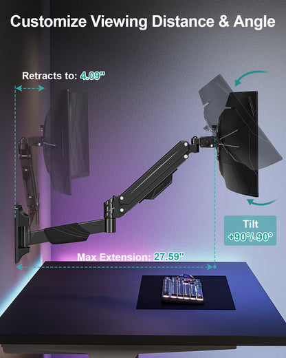 MOUNT PRO Monitor Wall Mount for 17-43" Ultrawide Screens, Single Wall Mount Monitor Arm Holds up to 33.1 lbs,  Full Motion Adjustable Wall Bracket with VESA Extension Kit, Max VESA 200x200mm