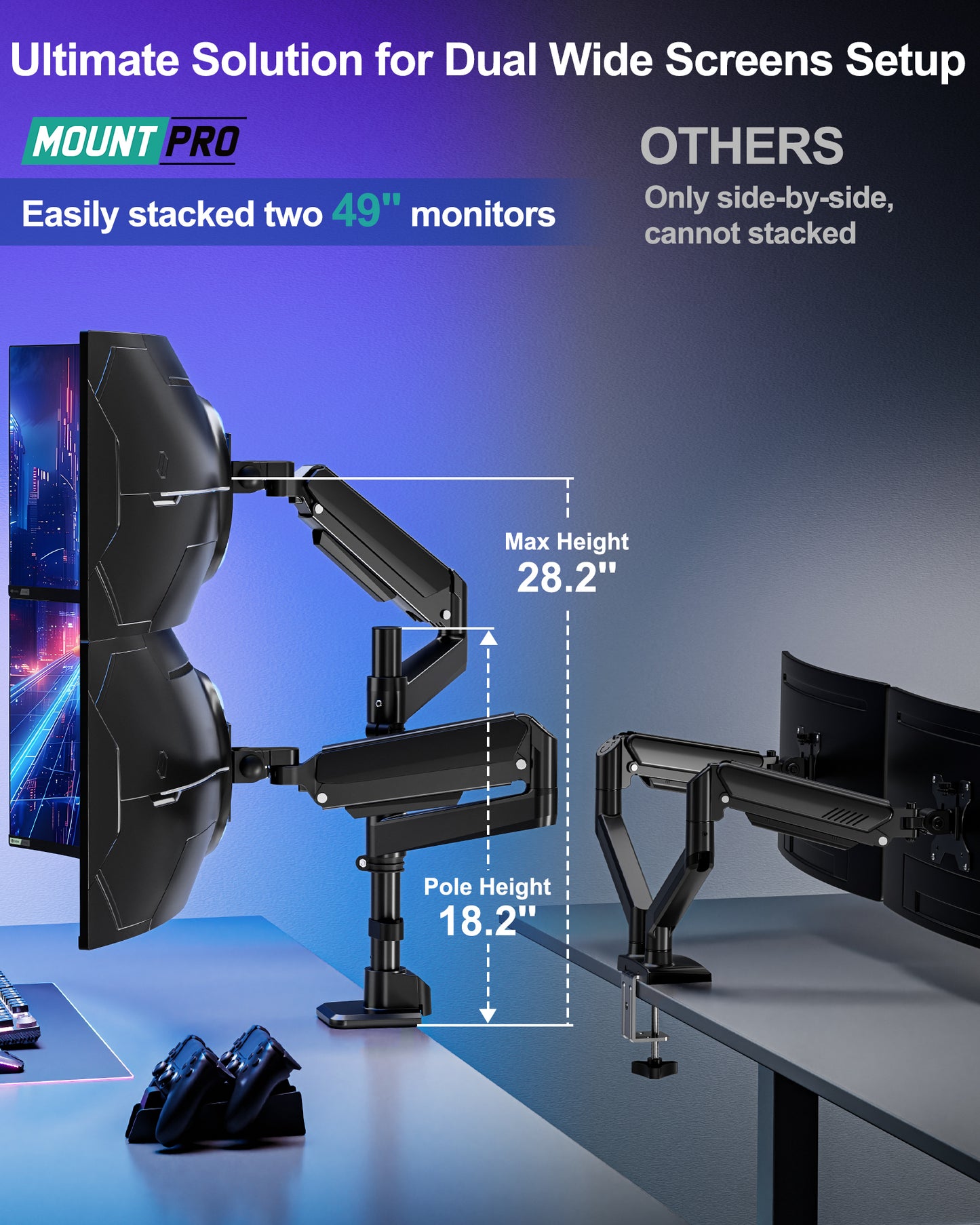 MOUNT PRO Dual Monitor Arm for Max 49" Ultrawide Screens up to 44 lbs, Heavy Duty Extra Tall Monitor Desk Mount, Vertical Stacked Adjustable Dual Monitor Mount, VESA Mount 75x75mm/100x100mm